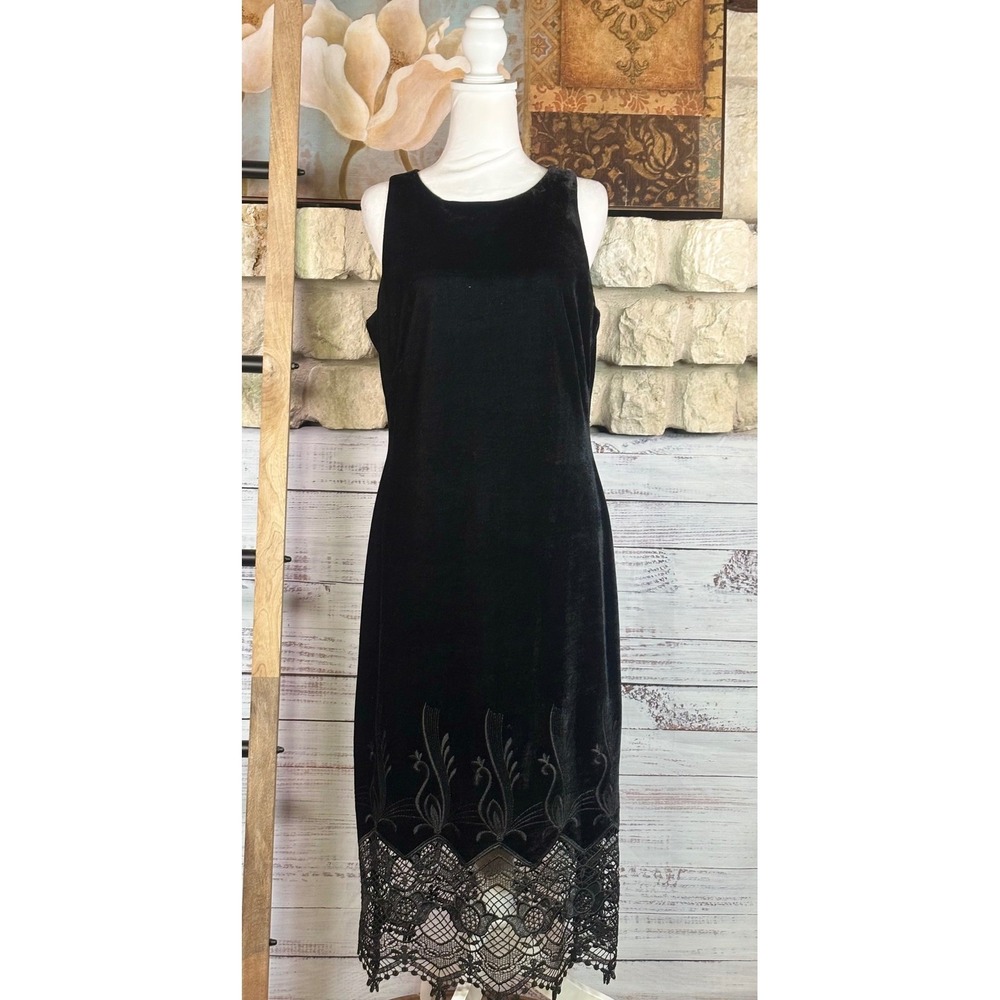 Anne Klein Black Velvet Lace Hem Embroidered Sleeveless Midi Dress Size Medium - Picture 2 of 8
